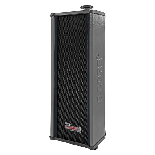 Mandotos 5Core 100W indoor and outdoor stereo speakers showing black weather-resistant speaker units with mounting brackets.