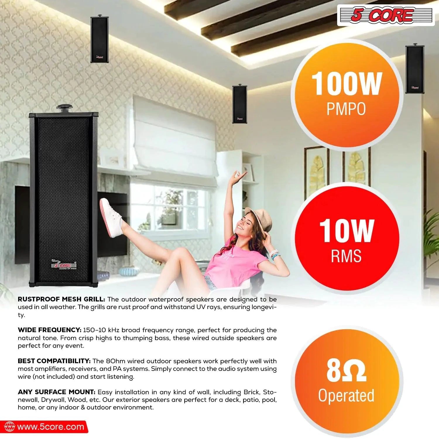 Mandotos 5Core 100W indoor/outdoor stereo speakers with black cabinets and durable design, ideal for home or outdoor audio use.