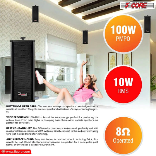 Mandotos 5Core 100W indoor/outdoor stereo speakers with black cabinets and durable design, ideal for home or outdoor audio use.