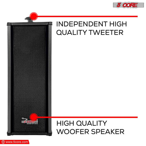 Mandotos 5Core 100W indoor/outdoor stereo speakers shown with black weather-resistant design and mounting brackets.