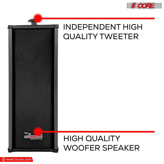 Mandotos 5Core 100W indoor/outdoor stereo speakers shown with black weather-resistant design and mounting brackets.