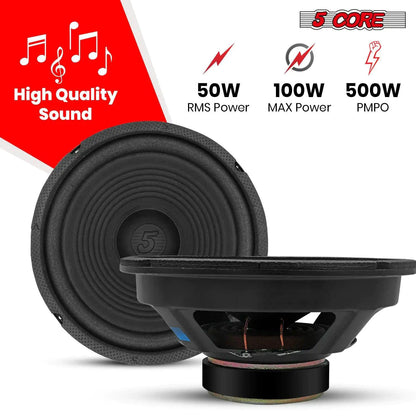 Pair of 8-inch MANDOTOS 5Core car subwoofer speakers, 500W peak power, 4 ohm, designed for deep bass replacement in vehicles.