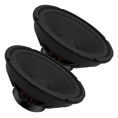 Pair of 8-inch MANDOTOS 5Core car subwoofer speakers with 500W peak power, 4-ohm impedance, designed for deep bass sound.