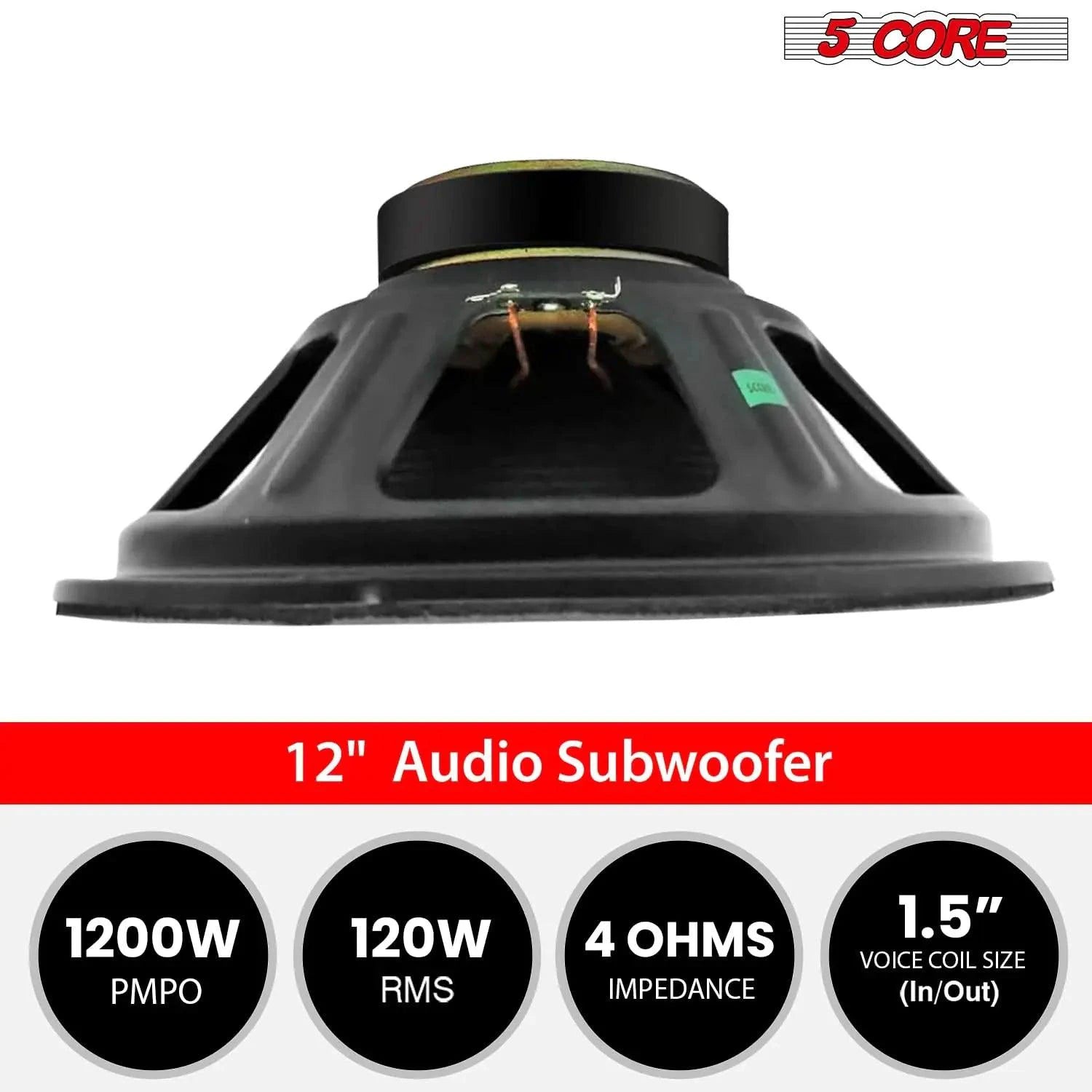 Mandotos 5Core Max Bass 15-inch subwoofer with 450W power and 4 Ohm impedance, showcasing the speaker cone and rugged design.