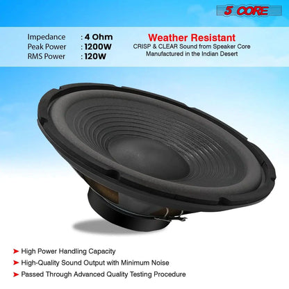 Mandotos 5Core Max Bass 15-inch subwoofer with 450W power and 4 Ohm impedance, showing the speaker cone and frame.
