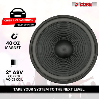 Mandotos 5Core Max Bass 15-inch subwoofer with 450W power and 4 Ohm impedance, showing the speaker cone and frame.