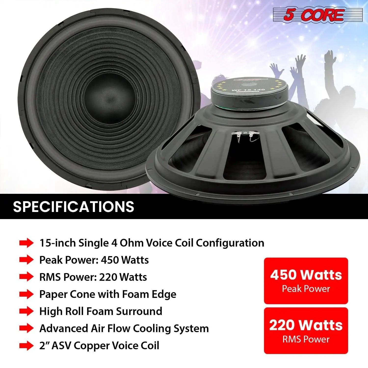 Mandotos 5Core Max Bass 15-inch subwoofer with 450W power and 4-ohm impedance, showcasing the speaker cone and branding.