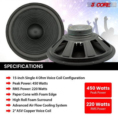 Mandotos 5Core Max Bass 15-inch subwoofer with 450W power and 4-ohm impedance, showcasing the speaker cone and branding.