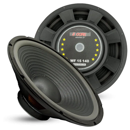 Mandotos 5Core Max Bass 15-inch subwoofer with 450W power handling and 4-ohm impedance showing the speaker cone and frame.