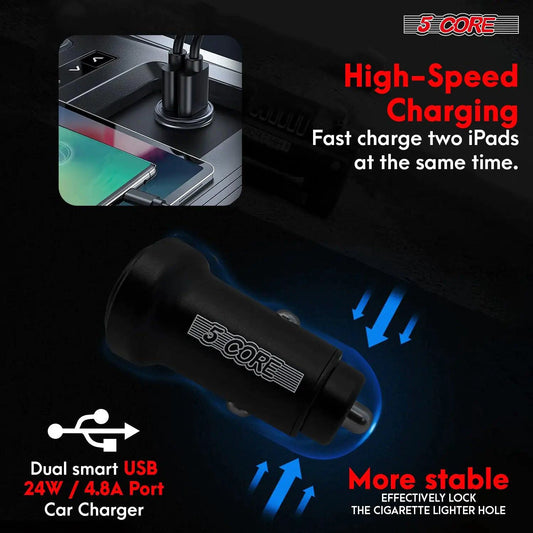MANDOTOS 5Core SpeedCharge Car USB-C Adapter connected to a vehicle's power outlet for fast charging devices.