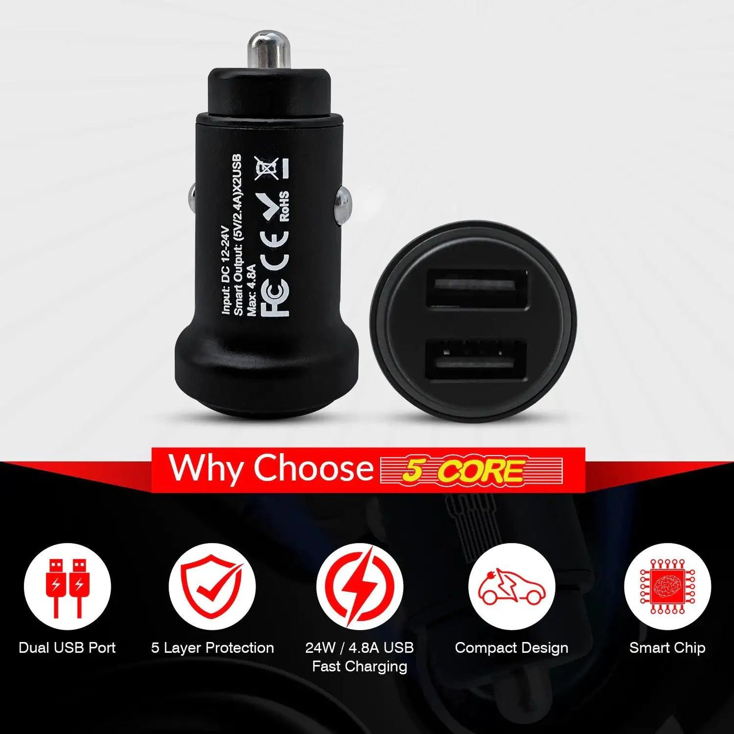 MANDOTOS 5Core SpeedCharge Car USB-C Adapter plugged into a vehicle's cigarette lighter port, ready for fast charging.