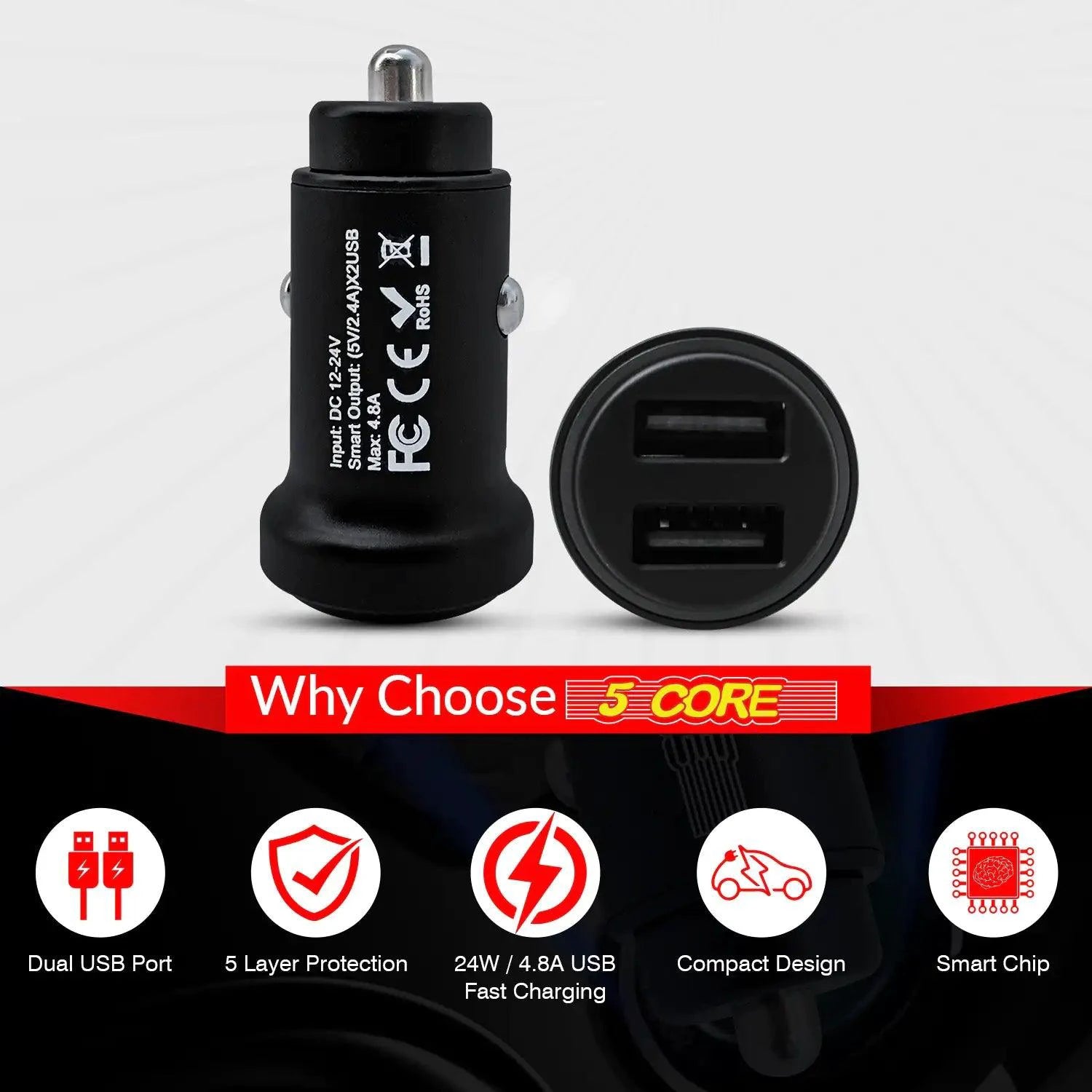 MANDOTOS 5Core SpeedCharge Car USB-C Adapter plugged into a vehicle's cigarette lighter port, ready for fast charging.
