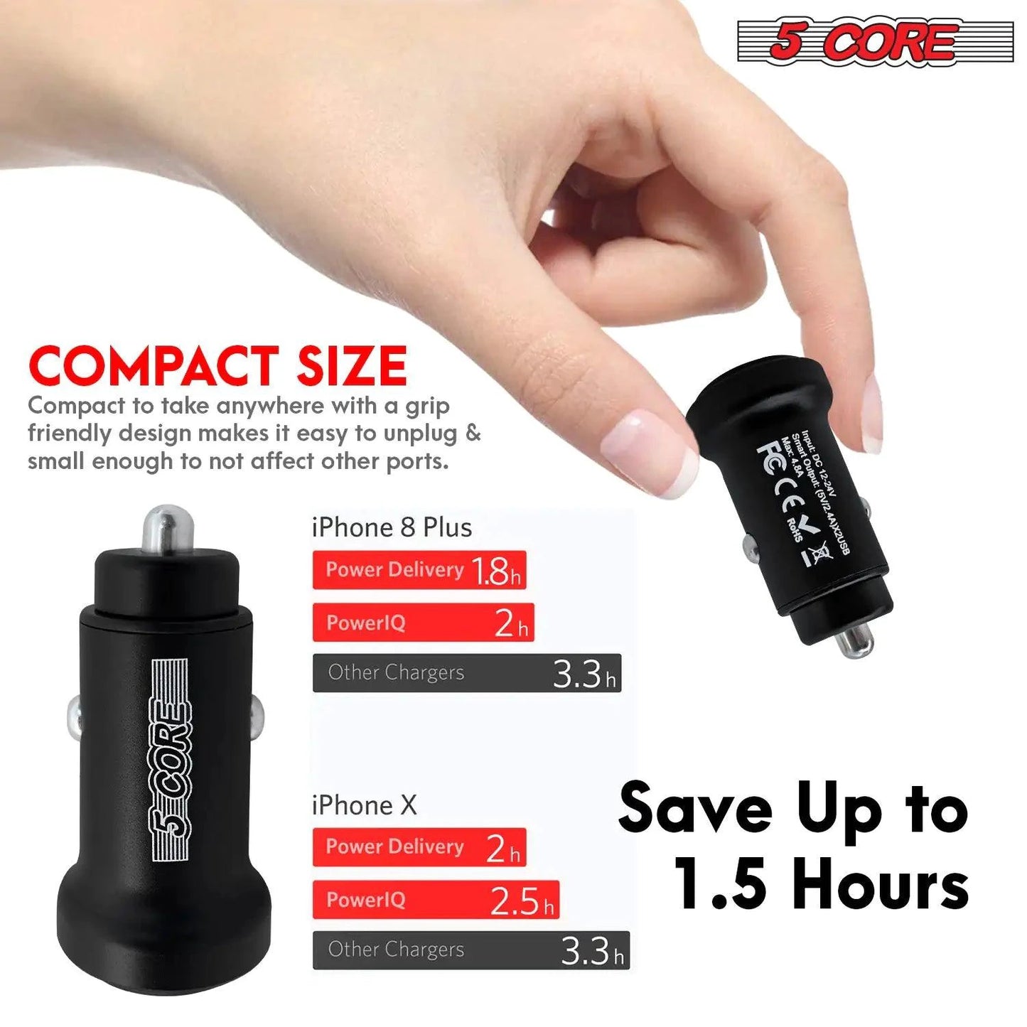 Mandotos 5Core SpeedCharge Car USB-C Adapter plugged into a vehicle's cigarette lighter port for fast charging.