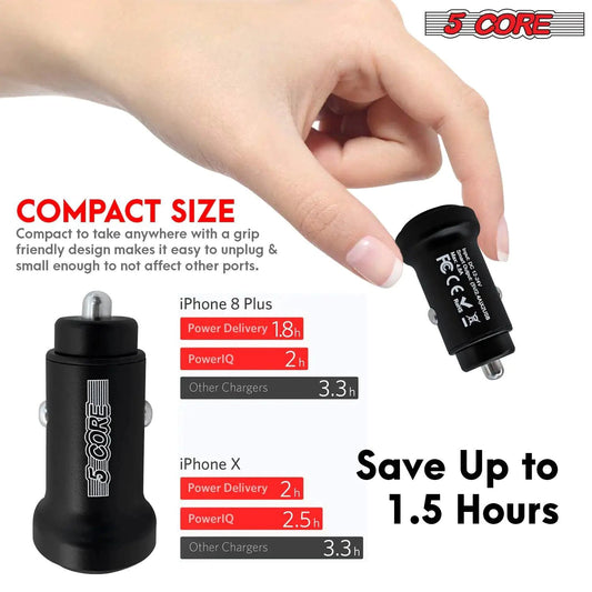 Mandotos 5Core SpeedCharge Car USB-C Adapter plugged into a vehicle's cigarette lighter port for fast charging.