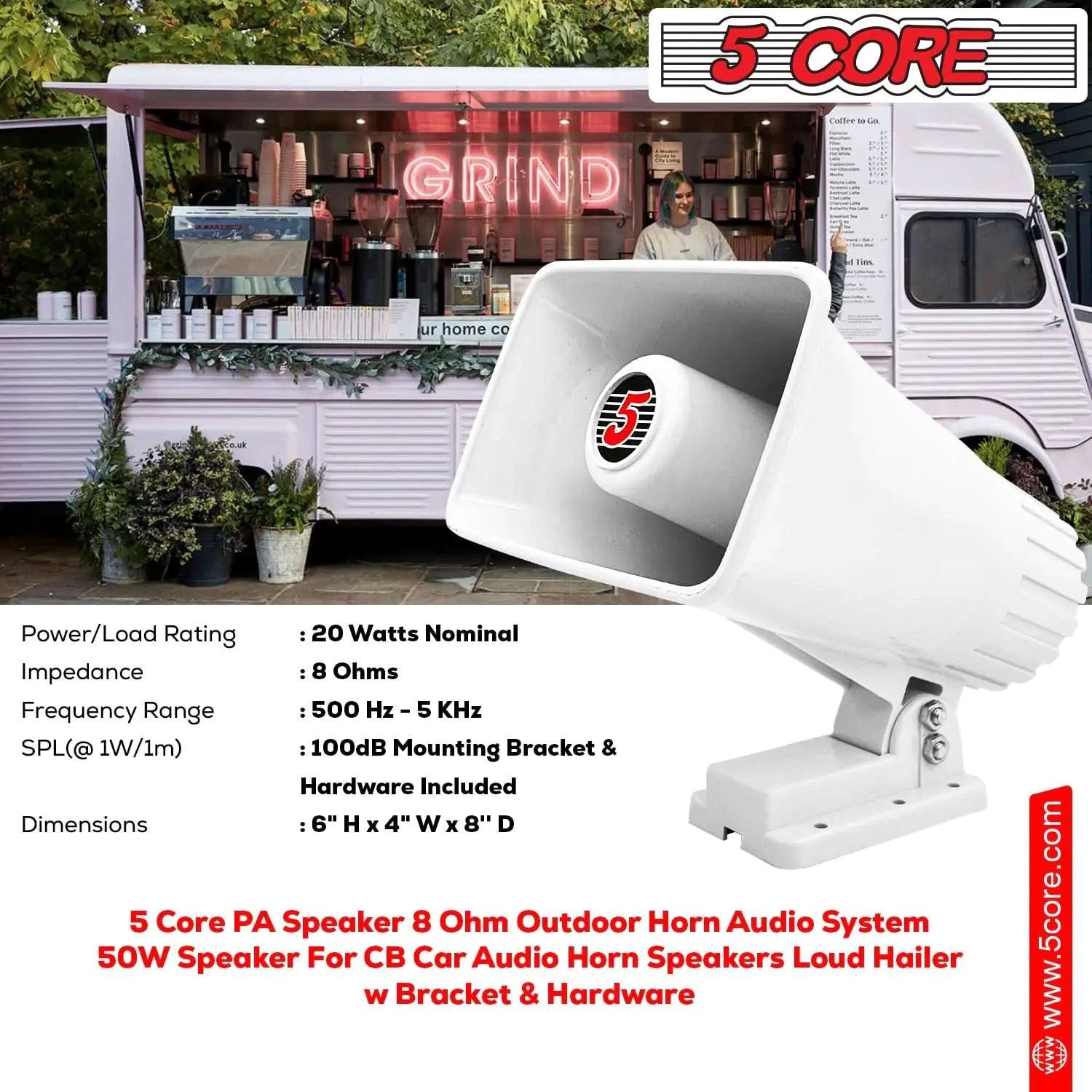 Mandotos 5Core Universal PA Horn Speaker 50W 6x4, black outdoor public address speaker with sturdy design and mounting options.
