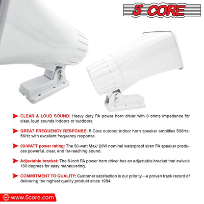 Mandotos 5Core Universal PA Horn Speaker 50W 6x4 mounted on a stand, designed for public address and audio amplification.