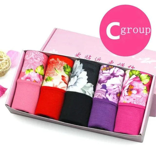 Set of five colorful cotton print panties for women, including plus size briefs and sexy underpants with cute designs.