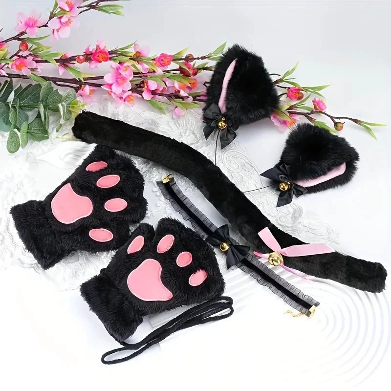 Set of MANDOTOS cat paw winter gloves, cartoon girl open-finger style, with matching fox and cat ear headbands featuring bell accents.