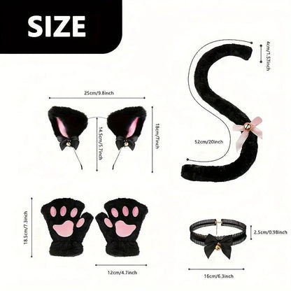 Mandotos 5-piece set includes winter cat paw gloves, open finger gloves, bell headband, and fox cat ear headwear with cute cartoon design
