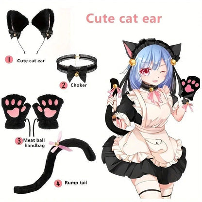 Set of five MANDOTOS cat paw winter gloves, cute cartoon girl open-finger gloves, fox cat ear headband, and bell headband accessories.