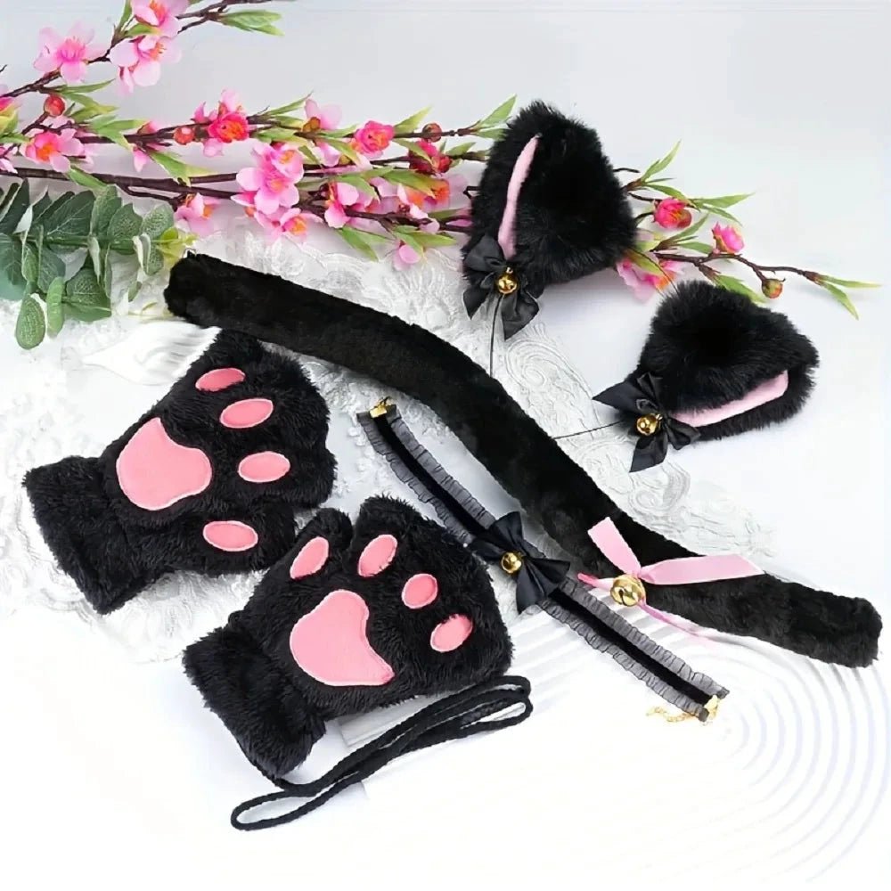 Mandotos 5-piece set includes cute cartoon cat paw gloves, fox ear headband, open finger gloves, and bell headband for winter wear.