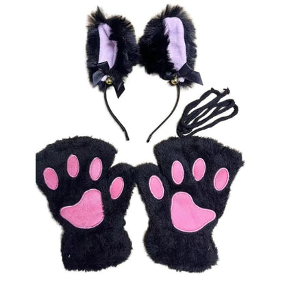 Mandotos 5-piece cat paw gloves, cartoon girl open finger gloves, bell headband, and fox cat ear headwear for winter fun.