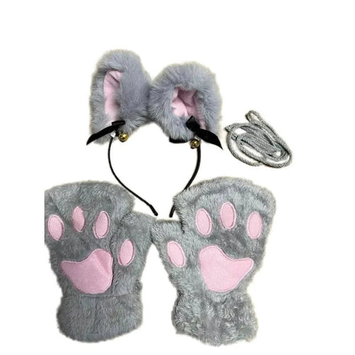 Set of five MANDOTOS cat paw winter gloves, open-finger style, cute cartoon girl design, with fox and cat ear headwear accessories.