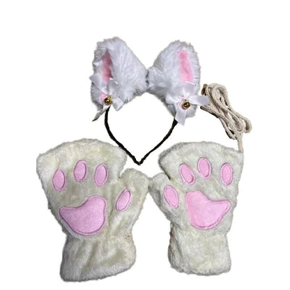 Mandotos 5-piece set includes cute cartoon girl open finger gloves, fox and cat ear headbands, and bell headband for winter wear.