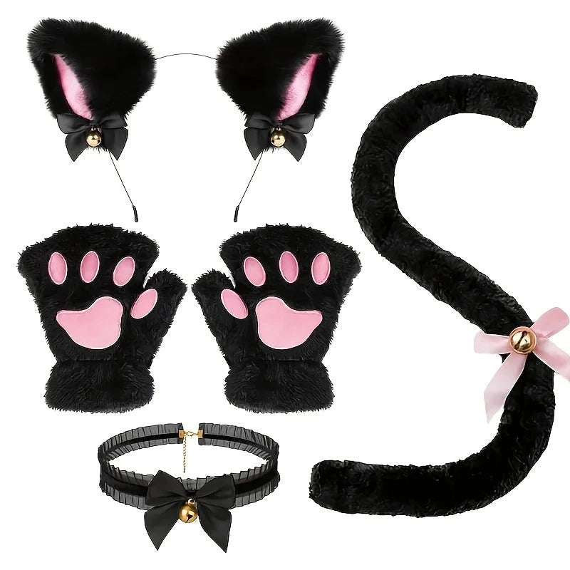 Mandotos 5-piece set including cute winter cat paw gloves, open-finger gloves, fox ear headband, and cartoon girl-themed accessories.