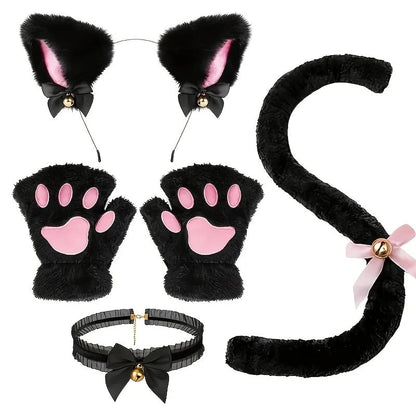 Mandotos 5-piece set including cute winter cat paw gloves, open-finger gloves, fox ear headband, and cartoon girl-themed accessories.