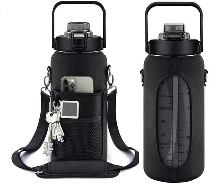 Mandotos 64oz motivational hydration bottle with measurement markings and leak-proof lid for gym and outdoor use.