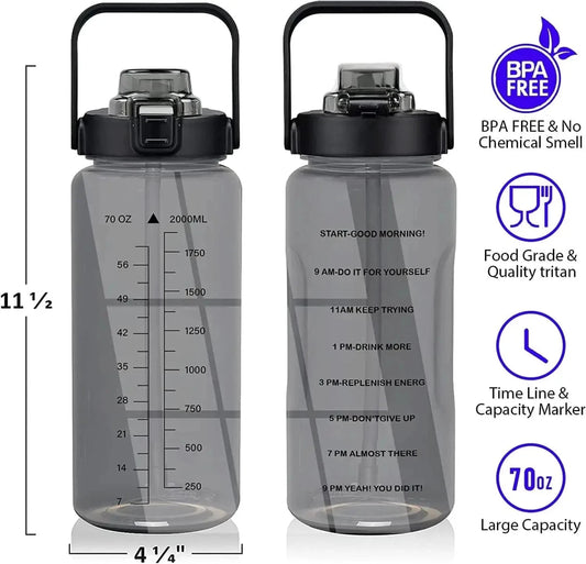 Mandotos 64oz motivational hydration bottle with time markers and leak-proof lid for easy, reusable water drinking.