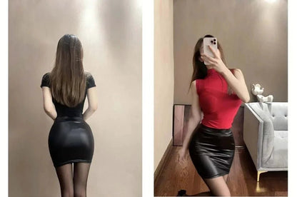 Black imitation leather mini pencil skirt by Mandotos, high waist, Korean fashion for women, perfect for summer wear.