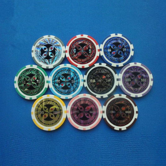 Mandotos ABS plastic high-end two-color poker and baccarat game chips with detailed design and smooth finish.