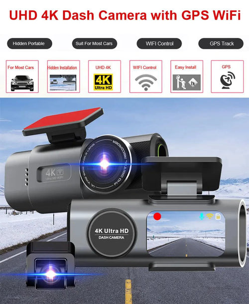 Mandotos Acceo 4K Ultra HD dash cam with dual lenses, WiFi, GPS, night vision, and parking mode for vehicle safety.