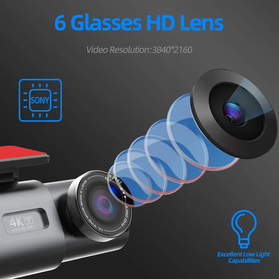 Mandotos Acceo 4K Ultra HD dash cam with dual lenses, WiFi, GPS, night vision, and parking mode for vehicle security.