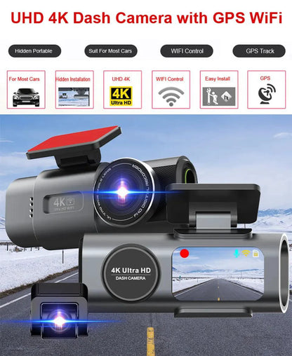 Mandotos Acceo 4K Ultra HD dash cam with dual lenses, WiFi, GPS, night vision, and parking mode for vehicle recording.