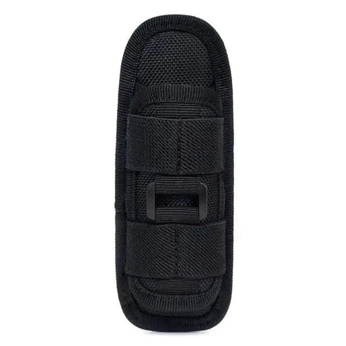 Mandotos Adventure Belt Flashlight Carrier attached to a rugged outdoor belt, designed for secure flashlight storage during activities.
