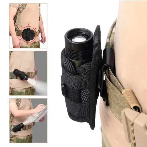Mandotos Adventure Belt Flashlight Carrier worn around waist, adjustable strap, securely holds a compact flashlight for outdoor activities.