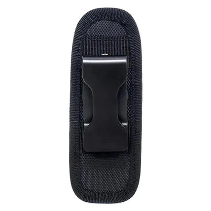 Mandotos Adventure Belt Flashlight Carrier worn around waist, holding a compact flashlight for outdoor activities and hands-free use.