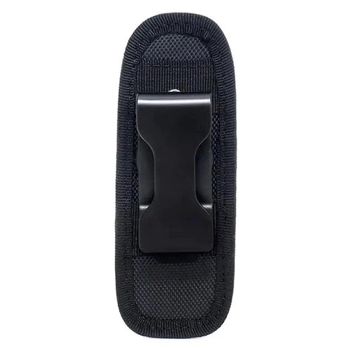 Mandotos Adventure Belt Flashlight Carrier worn around waist, holding a compact flashlight for outdoor activities and hands-free use.