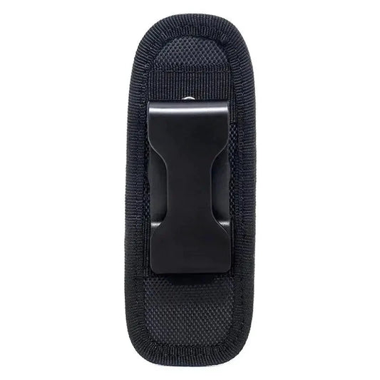 Mandotos Adventure Belt Flashlight Carrier worn around waist, holding a compact flashlight for outdoor activities and hands-free use.