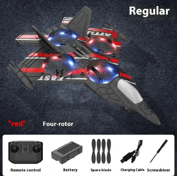 Mandotos Adventure Bubble Flyer RC Plane flying outdoors with colorful wings and propeller in a clear sky.