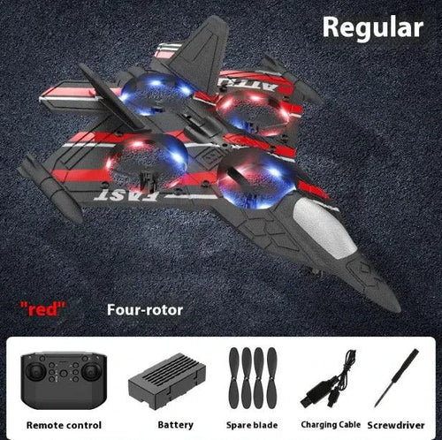 Mandotos Adventure Bubble Flyer RC Plane flying outdoors with colorful wings and propeller in a clear sky.