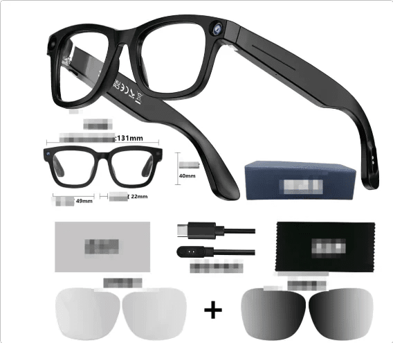 Mandotos AI Camera Smart Glasses with sleek design, featuring built-in camera and smart functionality for capturing photos and videos.