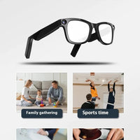 Mandotos AI Camera Smart Glasses with built-in camera, sleek design, and adjustable temples for hands-free recording and photography.
