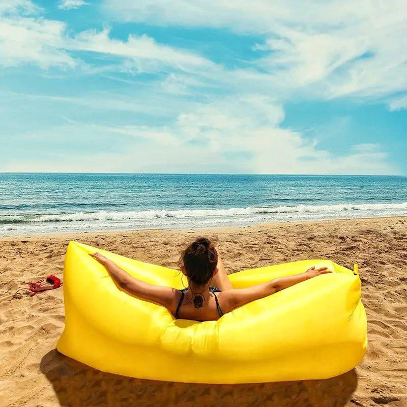Mandotos AirLounge portable beach seat with comfortable fabric and adjustable straps for relaxing outdoors.