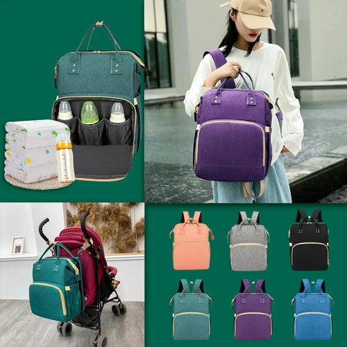 Mandotos all-in-one stroller diaper backpack with multiple compartments and adjustable straps for convenient baby care on the go.