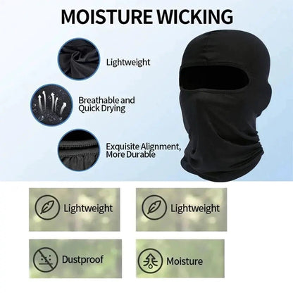 Mandotos Alpine full face cover in black, designed for outdoor protection, showing its snug fit and full head coverage.