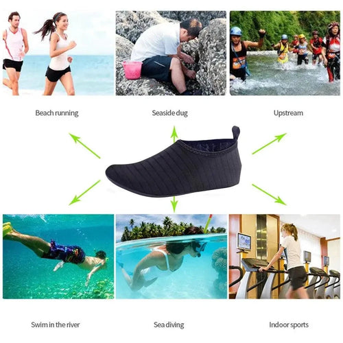 Mandotos AquaFlex unisex water shoes with quick-dry fabric, designed for beach, yoga, and swimming activities, shown on a sandy surface.